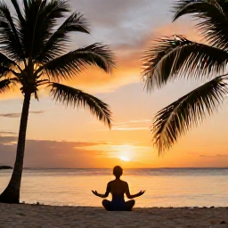 Caribbean Holidays, Caribbean Yoga Retreats, Person meditating on a quiet Caribbean beach at sunset, warm sky, palm silhouettes and calm water