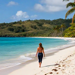 Caribbean Holidays, Caribbean Yoga Retreats, Relaxed traveller walking along a quiet Caribbean beach after a yoga class, clear sea and lush island landscape