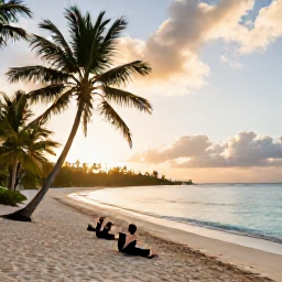 Caribbean Holidays, Caribbean Yoga Retreats, Sunrise yoga session on a quiet Caribbean beach, palm trees, soft golden light and calm turquoise sea