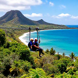 Caribbean Holidays, Caribbean Ziplining, A couple enjoying a zipline ride over Caribbean rainforest, volcanic hills and a bright turquoise coastline