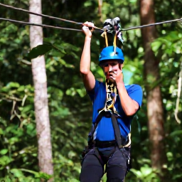Caribbean Holidays, Caribbean Ziplining, A friendly zipline guide fitting a visitor with a safety harness at a Caribbean rainforest adventure park