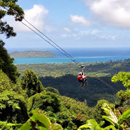 Caribbean Holidays, Caribbean Ziplining, Travellers gliding on a zipline above lush Caribbean rainforest, with tropical mountains and blue sea in the distance
