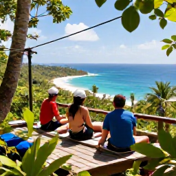 Caribbean Holidays, Caribbean Ziplining, Travellers relaxing at a Caribbean rainforest lookout after ziplining, with views towards a sunny island coastline