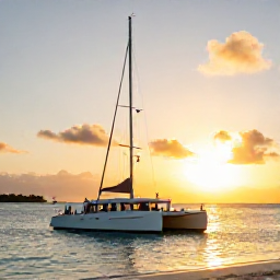 Caribbean Holidays, Catamaran Cruises, A catamaran anchored near a quiet Caribbean island beach at sunset, with passengers watching the golden evening light from the deck