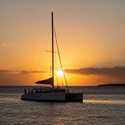 Caribbean Holidays, Catamaran Cruises, A catamaran sailing into a warm Caribbean sunset, with guests watching the golden sky from the deck and a distant island horizon