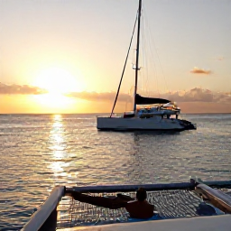 Caribbean Holidays, Catamaran Cruises, A catamaran sailing towards a Caribbean sunset, with passengers relaxing on the front nets and warm golden light across the sea