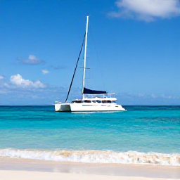 Caribbean Holidays, Catamaran Cruises, A modern catamaran sailing across clear turquoise Caribbean water beside a sandy beach under a bright blue sky