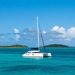 Caribbean Holidays, Catamaran Cruises, A modern catamaran sailing across clear turquoise Caribbean water with green islands in the distance under a bright blue sky