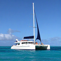 Caribbean Holidays, Catamaran Cruises, A modern catamaran sailing across clear turquoise Caribbean water with passengers relaxing on the deck beneath a bright blue sky