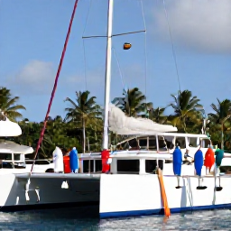 Caribbean Holidays, Catamaran Cruises, Friendly crew welcoming holidaymakers aboard a Caribbean catamaran in a sunny marina, with colourful boats and palm trees behind them