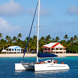 Caribbean Holidays, Catamaran Cruises, Passengers enjoying a relaxed catamaran cruise near a palm-fringed Caribbean coastline, with colourful island scenery and calm blue sea