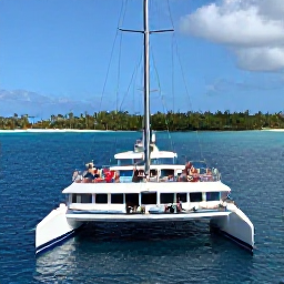 Caribbean Holidays, Catamaran Cruises, Passengers relaxing on the spacious deck of a Caribbean catamaran, with palm-fringed coastline and calm blue sea surrounding them