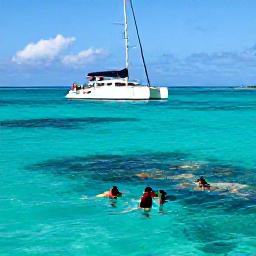 Caribbean Holidays, Catamaran Cruises, Passengers snorkelling from a catamaran in a sheltered Caribbean bay with colourful fish and coral visible in the clear water