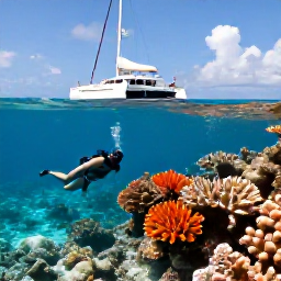 Caribbean Holidays, Catamaran Cruises, Travellers snorkelling above a vibrant Caribbean coral reef beside a catamaran in shallow, crystal-clear water