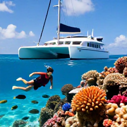 Caribbean Holidays, Catamaran Cruises, Travellers snorkelling beside a catamaran over a colourful Caribbean coral reef, with tropical fish visible in clear shallow water