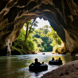 Caribbean Holidays, Cave Tubing, Holidaymakers relaxing beside a Belizean river after cave tubing, with rainforest and warm tropical light