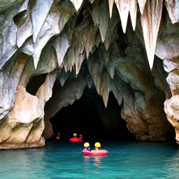 Caribbean Holidays, Cave Tubing, People wearing helmets and floating through a vast limestone cave with dramatic rock formations