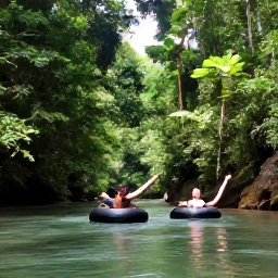 Caribbean Holidays, Cave Tubing, Visitors floating on inner tubes through a clear jungle river surrounded by lush Belizean rainforest