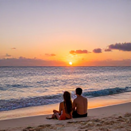 Caribbean Holidays, Cayman Adults Only, Couple enjoying a quiet sunset on a sandy Cayman Islands beach, with gentle waves and colourful evening sky