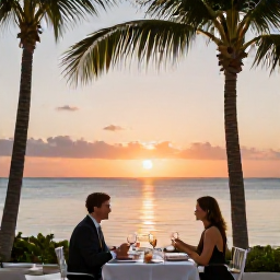 Caribbean Holidays, Cayman Adults Only, Romantic sunset dinner at a waterside restaurant on Grand Cayman with palm trees and calm sea
