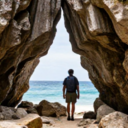 Caribbean Holidays, Cayman Adventure, A hiker following a rugged coastal trail beneath limestone cliffs on Cayman Brac with ocean views