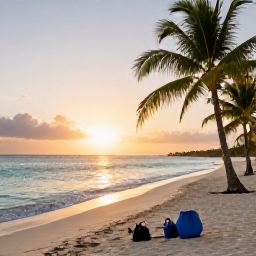Caribbean Holidays, Cayman Adventure, A relaxed beach at sunset on Grand Cayman with palm trees, calm turquoise water and adventure equipment resting on the sand