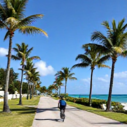 Caribbean Holidays, Cayman Adventure, Cyclist riding along a quiet coastal road past palm trees and bright Caribbean scenery on Grand Cayman