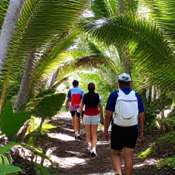 Caribbean Holidays, Cayman Adventure, Hikers walking along a natural trail through Cayman Islands woodland, with sunshine, palms and native plants