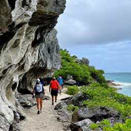 Caribbean Holidays, Cayman Adventure, Hikers walking along a rugged coastal trail on Cayman Brac with limestone cliffs, green vegetation and blue sea in the distance