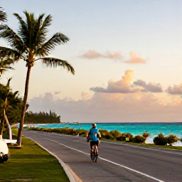 Caribbean Holidays, Cayman Adventure Holidays, A cyclist riding along a quiet coastal road in Grand Cayman at golden hour, with palm trees, turquoise sea and a relaxed island atmosphere
