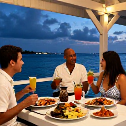 Caribbean Holidays, Cayman Adventure Holidays, A relaxed waterfront restaurant in Grand Cayman at dusk, with fresh seafood, tropical drinks and travellers enjoying the evening beside the sea
