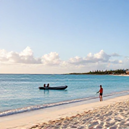Caribbean Holidays, Cayman Adventure Holidays, A sunny September morning on Seven Mile Beach in Grand Cayman, with calm turquoise water, white sand and a couple preparing for watersports