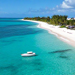 Caribbean Holidays, Cayman Adventure Holidays, Aerial view of Grand Cayman turquoise sea, white sand beaches and a small boat near the coast in bright March sunshine