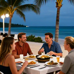 Caribbean Holidays, Cayman Adventure Holidays, Friendly travellers enjoying a beachside evening at a Cayman Islands restaurant with Caribbean food