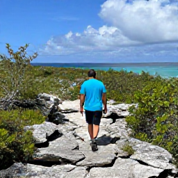 Caribbean Holidays, Cayman Adventure Holidays, Hiker walking along a rugged limestone trail on Cayman Brac, surrounded by native vegetation and views towards the Caribbean Sea