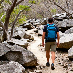 Caribbean Holidays, Cayman Adventure Holidays, Hiker walking along a rugged trail through dry forest and limestone scenery on Cayman Brac