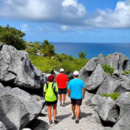 Caribbean Holidays, Cayman Adventure Holidays, Hikers exploring a rugged trail among limestone formations and tropical plants on Cayman Brac, with views towards the Caribbean sea