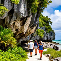 Caribbean Holidays, Cayman Adventure Holidays, Hikers walking along a natural coastal trail beside limestone cliffs and tropical vegetation on Grand Cayman