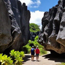 Caribbean Holidays, Cayman Adventure Holidays, Hikers walking along a nature trail in Cayman Brac, rugged limestone cliffs, native plants and bright Caribbean sunshine