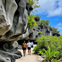 Caribbean Holidays, Cayman Adventure Holidays, Hikers walking along a rugged coastal trail on Cayman Brac with limestone cliffs and tropical vegetation