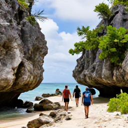 Caribbean Holidays, Cayman Adventure Holidays, Hikers walking along a rugged coastal trail on Cayman Brac with limestone cliffs, sea views and tropical vegetation