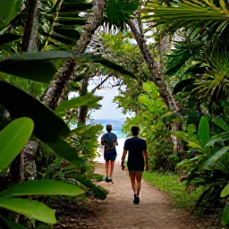 Caribbean Holidays, Cayman Adventure Holidays, Hikers walking along a shaded nature trail through tropical woodland on Grand Cayman, with native plants and a glimpse of the coastline