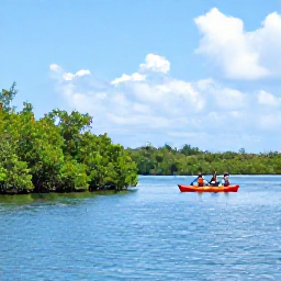 Caribbean Holidays, Cayman Adventure Holidays, Kayaker paddling through calm blue water beside mangroves on Grand Cayman, with green coastal scenery and a bright sky