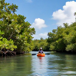 Caribbean Holidays, Cayman Adventure Holidays, Kayaker paddling through calm mangrove channels surrounded by green coastal vegetation in the Cayman Islands