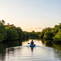 Caribbean Holidays, Cayman Adventure Holidays, Kayakers paddling through calm mangrove channels in Grand Cayman at sunrise, surrounded by green coastal vegetation and still reflective water
