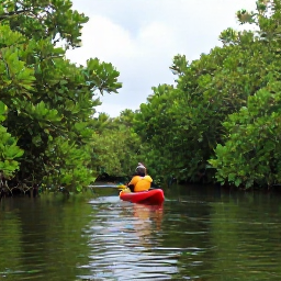 Caribbean Holidays, Cayman Adventure Holidays, Kayakers paddling through calm mangrove channels on Grand Cayman, lush green vegetation, tropical light and peaceful water