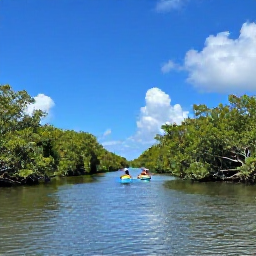 Caribbean Holidays, Cayman Adventure Holidays, Kayakers paddling through calm mangrove channels on Grand Cayman under a sunny blue sky