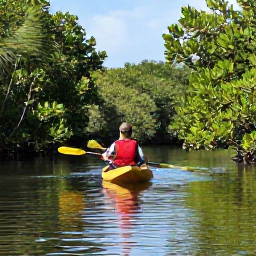 Caribbean Holidays, Cayman Adventure Holidays, Kayakers paddling through calm mangrove channels on Grand Cayman with tropical vegetation and sunlight reflecting on the water
