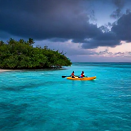 Caribbean Holidays, Cayman Adventure Holidays, Kayakers paddling through the calm bioluminescent waters of Grand Cayman's North Sound at dusk, with mangroves and a darkening tropical sky