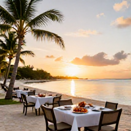 Caribbean Holidays, Cayman Adventure Holidays, Relaxed beachfront dining scene in Grand Cayman at sunset, with fresh seafood, outdoor tables, palm trees and calm Caribbean water